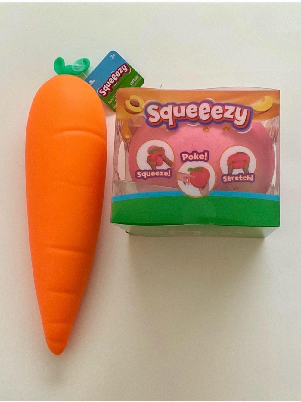 NEW Lot 2 XL Peach Squeezy & XL Carrot Squeezy by Sunny Days Bundle 2 Squishies